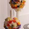 Lumanare cununie pastel cu cymbidium galben si hortensie blue