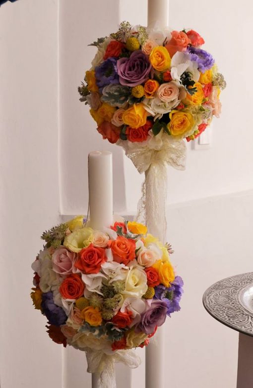 Lumanare cununie pastel cu cymbidium galben si hortensie blue