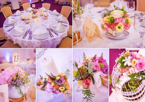 Aranjament masa invitati cu ceainic, cescute si carti vintage