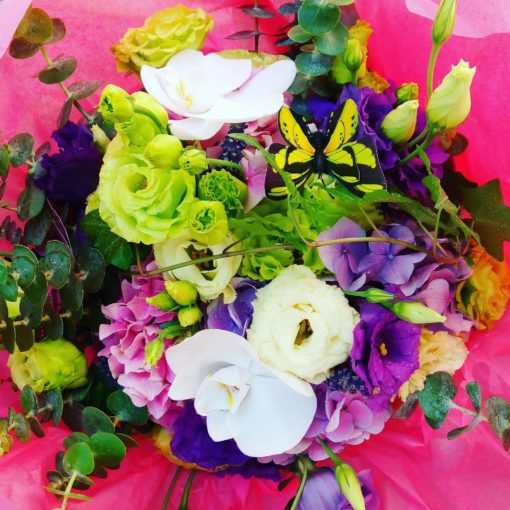 Buchet eustoma, phalaenopsis si hortensie